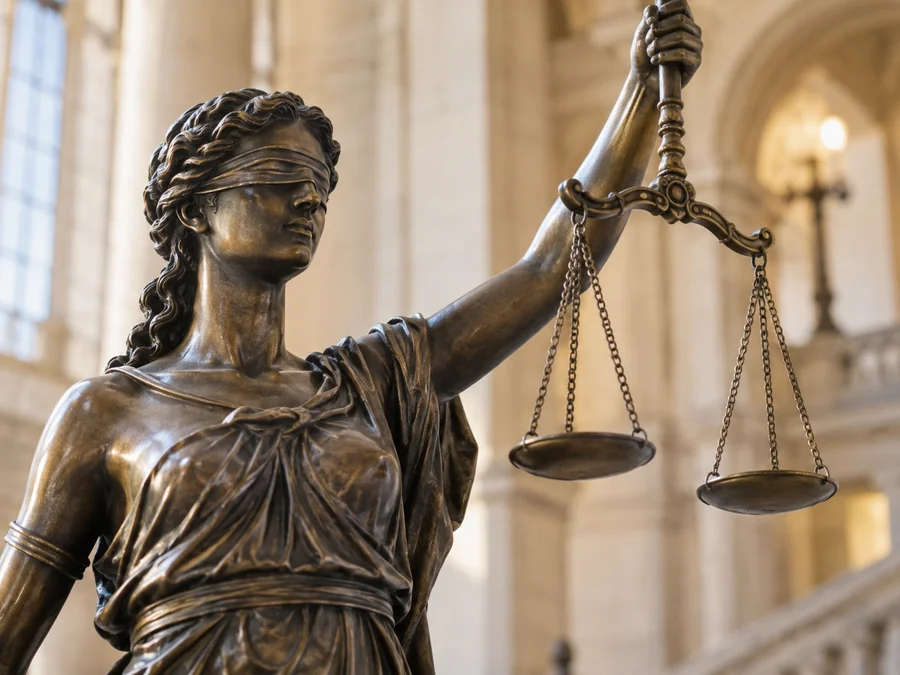 Bronzen beeld van Vrouwe Justitia met weegschaal